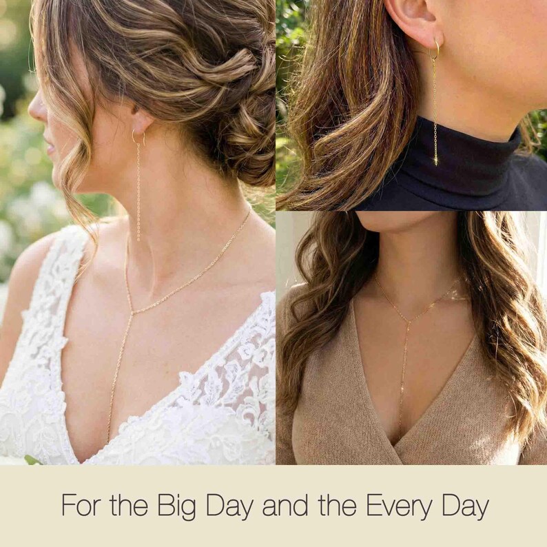 May include: Gold-toned jewelry set featuring a delicate Y-shaped necklace and matching drop earrings. The jewelry is shown on three different people. The image includes the text "For the Big Day and the Every Day".