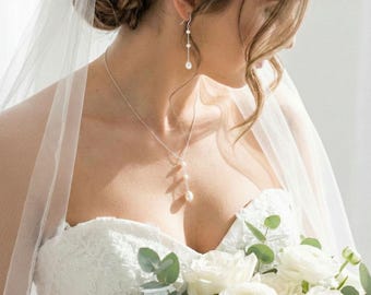 Set of Real Pearl Lariat, Earrings and Bracelet - Bridal Jewelry Set - Y Necklace - Sterling Silver or Gold Filled, 3sg