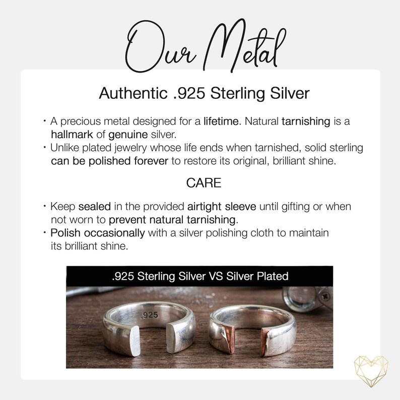 May include: Image of a white card with the text "Our Metal" in cursive. The card describes authentic .925 sterling silver, its care, and a comparison to silver-plated items. Two silver rings are shown.