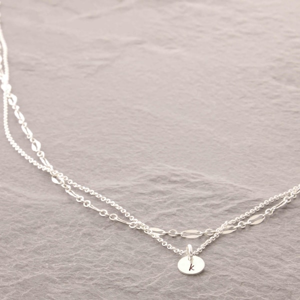 Personalized Layering Necklace Set - Sterling Silver or 14k Gold Filled - Dainty Layered Chains - Custom Initial Disc -  34sg