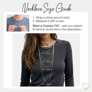 May include: A necklace size guide with text instructions and example necklace lengths. The guide shows necklace lengths of 14 inches (36cm), 16 inches (41cm), 18 inches (46cm), 22 inches (56cm), 26 inches (66cm), and 34 inches (86cm).
