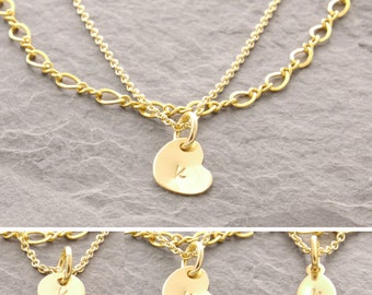 Gold Layering Necklace Set, 14k gold filled, custom initial necklace, gold chain necklace, tiny disc necklace, tiny heart necklace, 41g