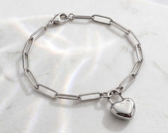 Paperclip Chain Necklace & Bracelet with a Heart Padlock - 316L Surgical Stainless Steel - Beach Proof Jewelry, 64st
