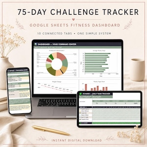 Puede incluir: Un panel de control de fitness 75-Day Challenge Tracker en Google Sheets mostrado en un portátil, un smartphone y una tableta. Las pantallas muestran visualizaciones de datos que incluyen un gráfico circular, barras, líneas y tareas.