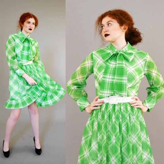 1970s Green Plaid Dress with Belt