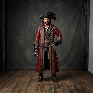 Peut inclure: Un costume de pirate avec un long manteau en cuir rouge à bordures noires et boutons dorés. La tenue comprend un chapeau noir avec une plume, une main crochet et une épée. Idéal pour un événement théâtral ou cosplay.