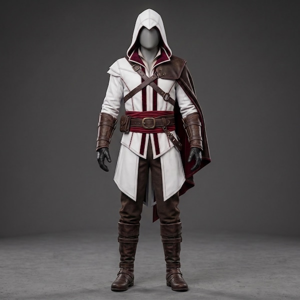 Handcrafted Genuine Leather Assassin Costume | White Hooded Tunic, Burgundy Trim, Cosplay Outfit
