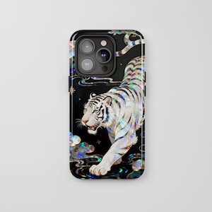 May include: A black smartphone case featuring a white tiger illustration with iridescent, mother-of-pearl style stripes. The design includes swirling, colorful cloud-like patterns and small star accents against a solid black background.