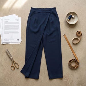 May include: Navy blue wrap-style trousers with a matching sewing pattern, scissors, measuring tape, and sewing notions. The trousers are the focal point, with a folded design. The sewing pattern is labeled "A4".