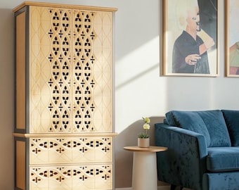 Handmade Carved Wood Display Cabinet Vintage Storage Sideboard Tall Shelving Organizer Console