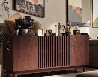 Red Walnut Grille Sideboard Buffet Cabinet Storage Mid Century Console Adjustable Shelves