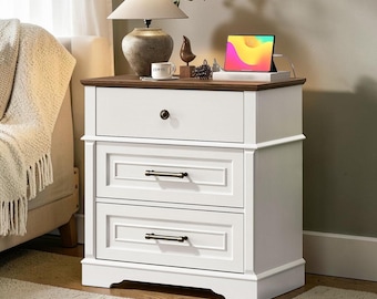 Farmhouse Nightstand With Charging Station 3 Drawer Bedside Table Rustic Storage End Table