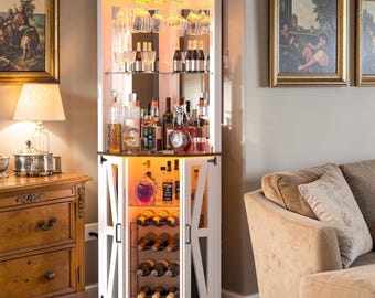 Corner Bar Cabinet Tall Wine Storage LED Light Farmhouse Liquor Glass Rack