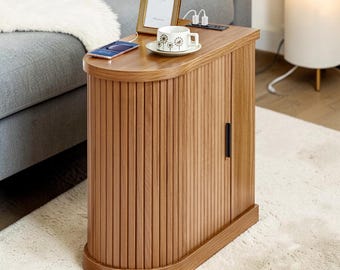 Narrow End Table With Charging Station Fluted Nightstand Mid Century Side Table Walnut