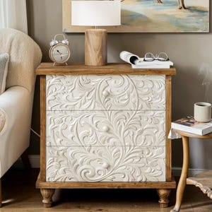 boho dresser and nightstand set COZAYH Farmhouse Embossed 3 Drawer Dresser with Ring Motif, Distressed Boho Nightstand for Bedroom, Living Room, French Country