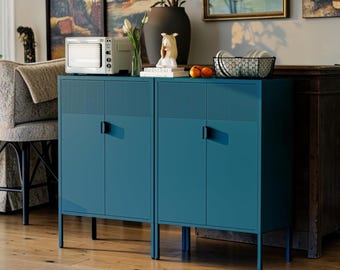 1 Piece Blue Metal Sideboard Cabinet Modern Buffet Storage Coffee Bar Organizer