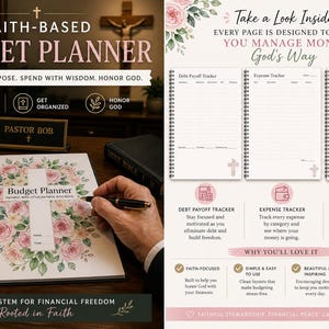 May include: A spiral-bound budget planner with a floral design and the words "Budget Planner" on the cover. The planner includes sections for debt payoff, expenses, and weekly budgets. The text "Faith-Based Budget Planner" is at the top.