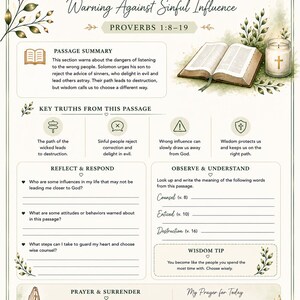 Op de afbeelding: Een cr&egrave;mekleurige pagina met de titel "Warning Against Sinful Influence" en tekst uit Spreuken 1:8-19. De pagina bevat secties voor reflectie, begrip en gebed, samen met illustraties van een boek, kaars en bladeren.