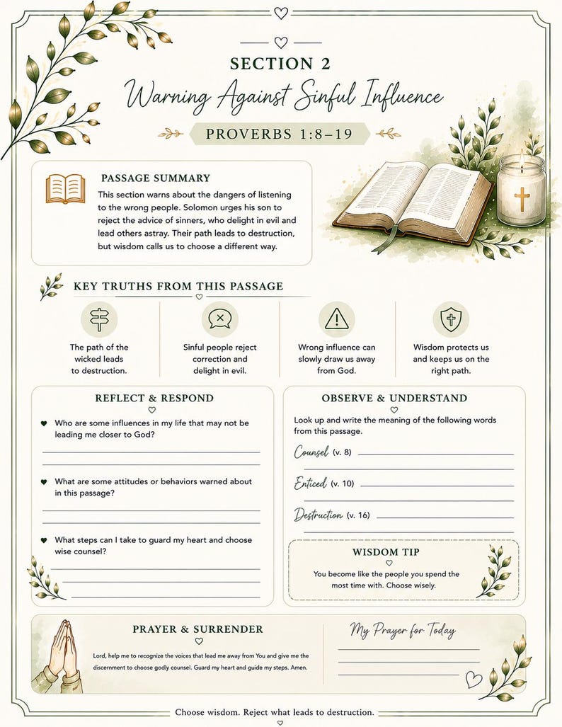 Op de afbeelding: Een cr&egrave;mekleurige pagina met de titel "Warning Against Sinful Influence" en tekst uit Spreuken 1:8-19. De pagina bevat secties voor reflectie, begrip en gebed, samen met illustraties van een boek, kaars en bladeren.