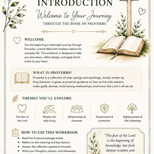 Op de afbeelding: Een werkboek getiteld "Inleiding: Welkom op je reis door het boek Spreuken." Het ontwerp bevat een kruis, een open boek en botanische illustraties. De tekst bevat thema's om te verkennen en instructies.