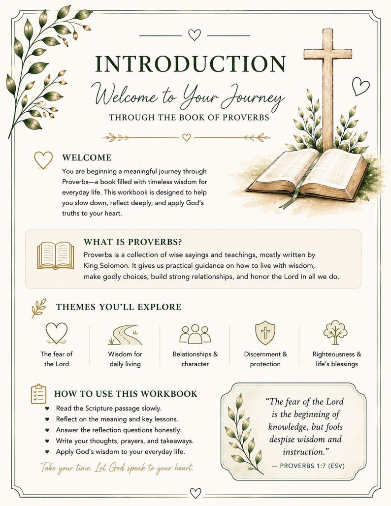 Op de afbeelding: Een werkboek getiteld "Inleiding: Welkom op je reis door het boek Spreuken." Het ontwerp bevat een kruis, een open boek en botanische illustraties. De tekst bevat thema's om te verkennen en instructies.