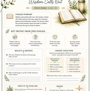 Op de afbeelding: Een pagina uit Spreuken 1:20-33, ge&iuml;llustreerd in aquarel, getiteld "Wisdom Calls Out". De pagina bevat tekst, een open boek, een lantaarn en een potplant. Het onderzoekt wijsheid, dwaasheid en het kiezen van een pad.