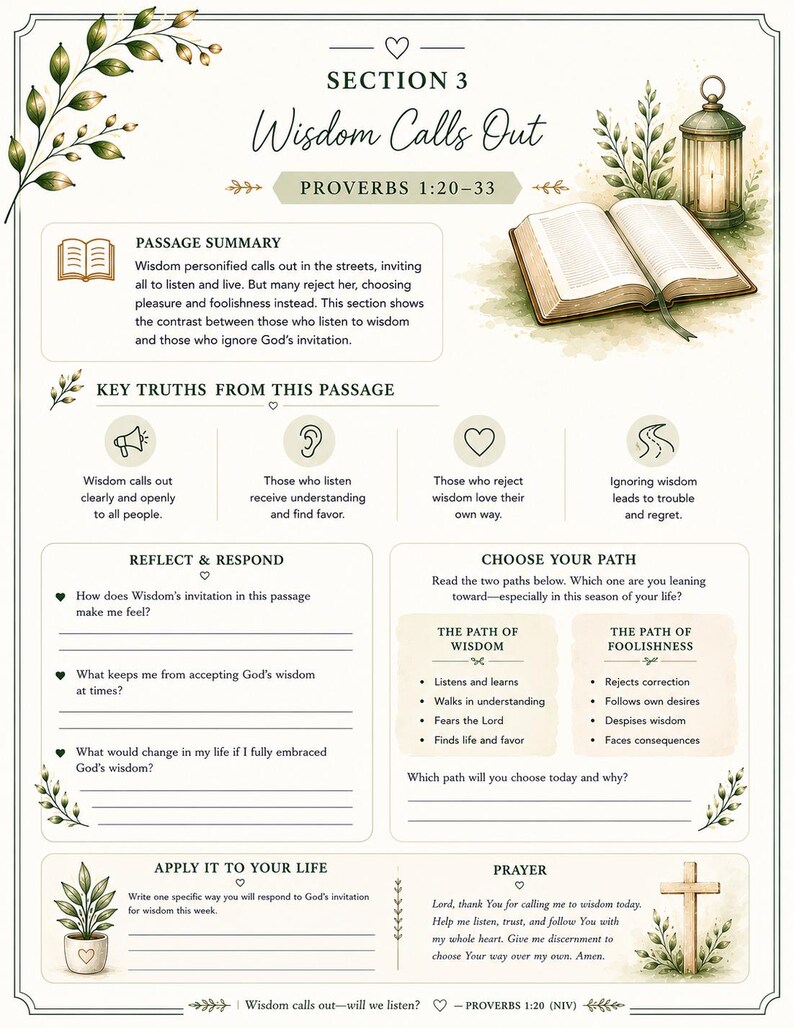Op de afbeelding: Een pagina uit Spreuken 1:20-33, ge&iuml;llustreerd in aquarel, getiteld "Wisdom Calls Out". De pagina bevat tekst, een open boek, een lantaarn en een potplant. Het onderzoekt wijsheid, dwaasheid en het kiezen van een pad.