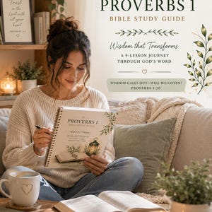 May include: A woman is seated, holding a Bible study guide titled "Proverbs 1." The guide features the text "Wisdom that Transforms" and "A 9-Lesson Journey Through God's Word." An open Bible, a coffee mug, and a lit candle are on the table.