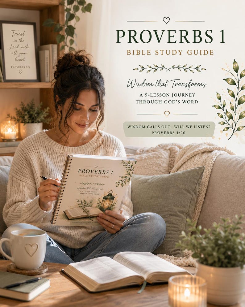 Op de afbeelding: Een vrouw zit en houdt een Bijbelstudiegids vast met de titel "Spreuken 1". De gids bevat de tekst "Wijsheid die transformeert" en "Een reis van 9 lessen door Gods Woord". Een open Bijbel, een koffiemok en een brandende kaars liggen op tafel.