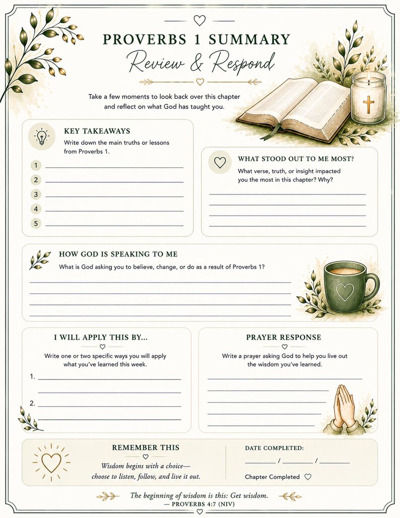 Op de afbeelding: Een cr&egrave;mekleurige journaalpagina met de titel "PROVERBS 1 SUMMARY Review & Respond". De pagina bevat prompts voor reflectie, belangrijke leerpunten en gebed. Decoratieve elementen zijn een brandende kaars, een kopje koffie en bloemaccenten.