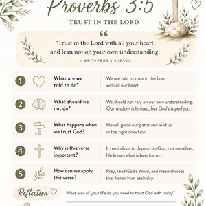 May include: A beige and green Bible study guide with the text "Proverbs 3:5" and "Trust in the Lord." The guide includes questions and answers about the verse, with a cross and floral illustrations.