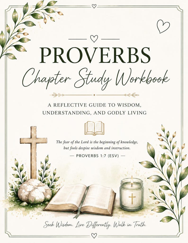 Op de afbeelding: Een werkboekomslag met de titel "PROVERBS Chapter Study Workbook". De omslag toont een kruis, een open boek, een brandende kaars en botanische illustraties. De tekst luidt "A REFLECTIVE GUIDE TO WISDOM, UNDERSTANDING, AND GODLY LIVING".