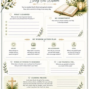 Op de afbeelding: Een decoratieve journaalpagina met de titel "Final Reflection: Living Out Wisdom." Het bevat secties voor reflectie, waaronder "Wat ik heb geleerd" en "Mijn toewijding." Het ontwerp bevat bloemaccenten en een lantaarnillustratie.