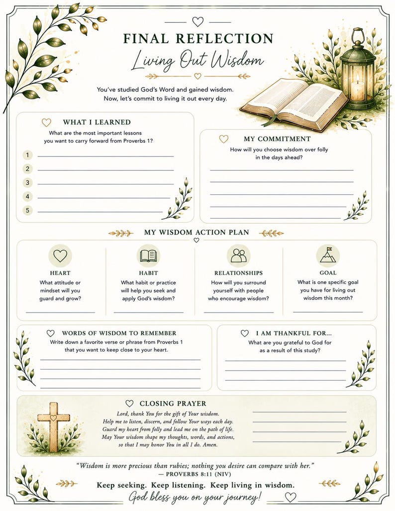 Op de afbeelding: Een decoratieve journaalpagina met de titel "Final Reflection: Living Out Wisdom." Het bevat secties voor reflectie, waaronder "Wat ik heb geleerd" en "Mijn toewijding." Het ontwerp bevat bloemaccenten en een lantaarnillustratie.
