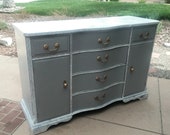 White Gray Shabby French Country Farmhouse Dining Sideboard, Buffet Server Cabinet, Credenza by Craddock Modern Chic