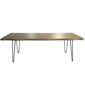 May include: A rectangular wooden table with a light brown surface and black hairpin legs. The table has a smooth, polished finish and a simple, modern design. The table is approximately 72 inches long.