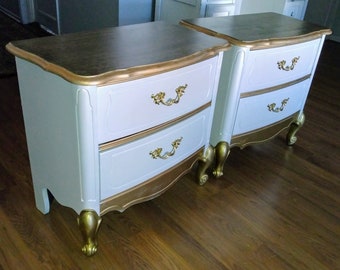 Pair of Bassett White & Gold French Country Provincial End Tables Nightstands
