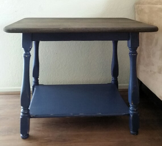 Two Tone Blue Farmhouse Colonial Chic End Table Nightstand