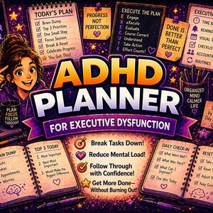 Puede incluir: Planificador TDAH para la disfunción ejecutiva, con una ilustración de dibujos animados de una mujer sonriendo. El planificador incluye secciones para los controles diarios, el plan de hoy y el kit de herramientas de la función ejecutiva.