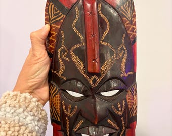Vintage Carved Wooden African Tribal Mask Red Black Gold Wall Art Altar Decor