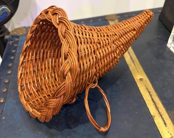 Vintage Wicker Cornucopia Horn of Plenty Basket Brown Woven Thanksgiving Fall Decor