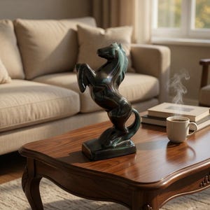 May include: A glossy, dark green ceramic horse figurine in a rearing position. It's placed on a dark wood coffee table, alongside a cup of coffee and books. The room features a beige sofa and a window, creating a neutral atmosphere.
