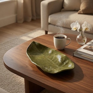 May include: A green leaf-shaped ceramic serving dish on a wooden coffee table. A white mug with coffee and a small vase with white orchids are also on the table. The room has a neutral color palette.