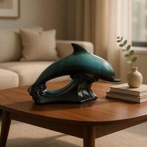 May include: A teal ceramic dolphin sculpture on a wooden coffee table. The dolphin is arched, with a wave-like base. A small vase with greenery and two books are also on the table. The table has a dark brown finish.
