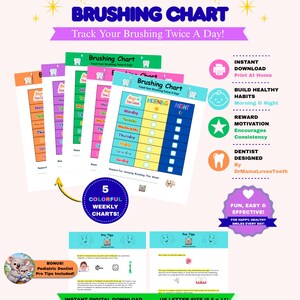 May include: A set of five colorful kids brushing charts with columns for morning and night tracking, featuring the text Kids Brushing Chart, Track Your Brushing Twice A Day, and Pro Tips. Includes icons for printing, habits, and dental health.