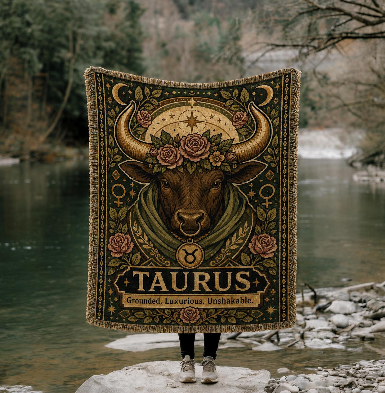 Taurus Zodiac Bull Woven Blanket | Astrology Celestial Tapestry