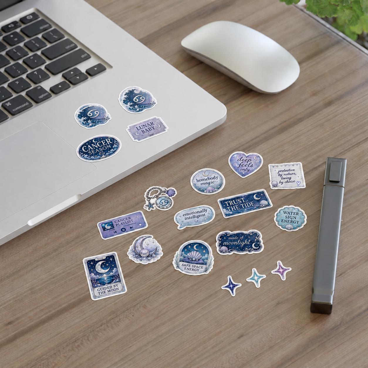 Cancer Zodiac Stickers | Celestial Moon, Crab, Constellation Vinyl (Water-Resistant)