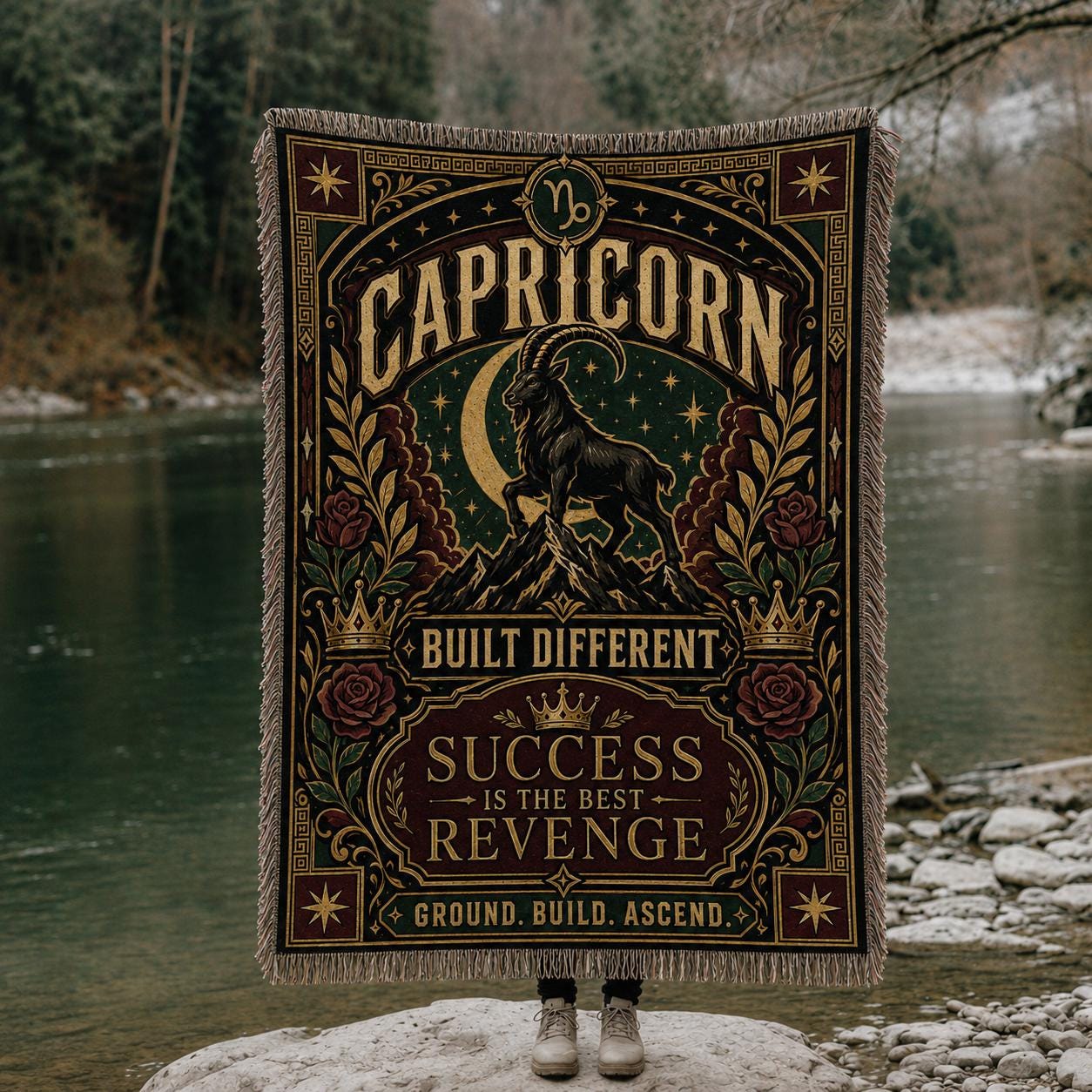 Capricorn Zodiac tapestry Woven Blanket | Astrological goat throw, celestial moon stars