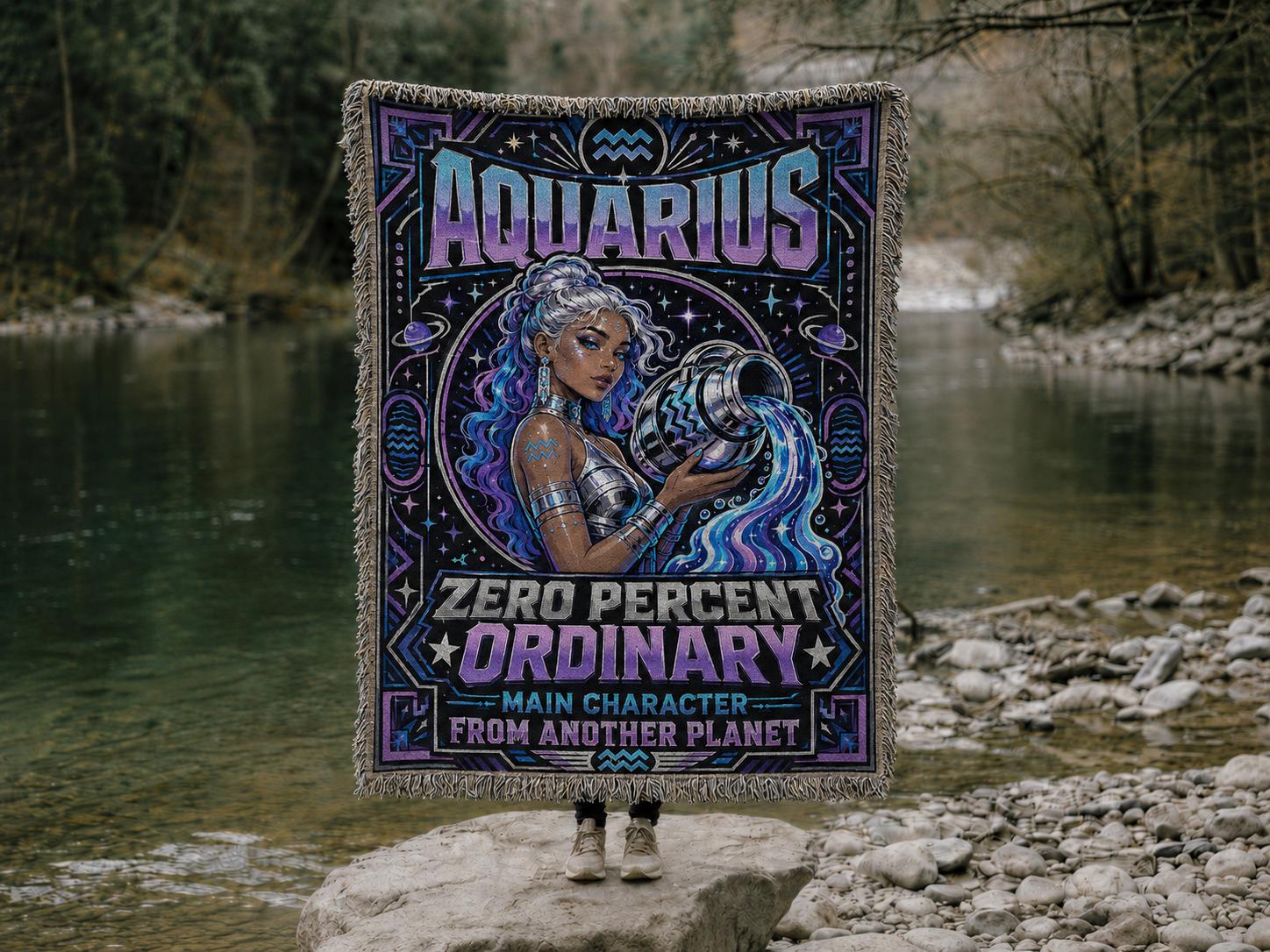Aquarius Illustration Woven Blanket | Retro Cosmic Zodiac, Starry Night Throw