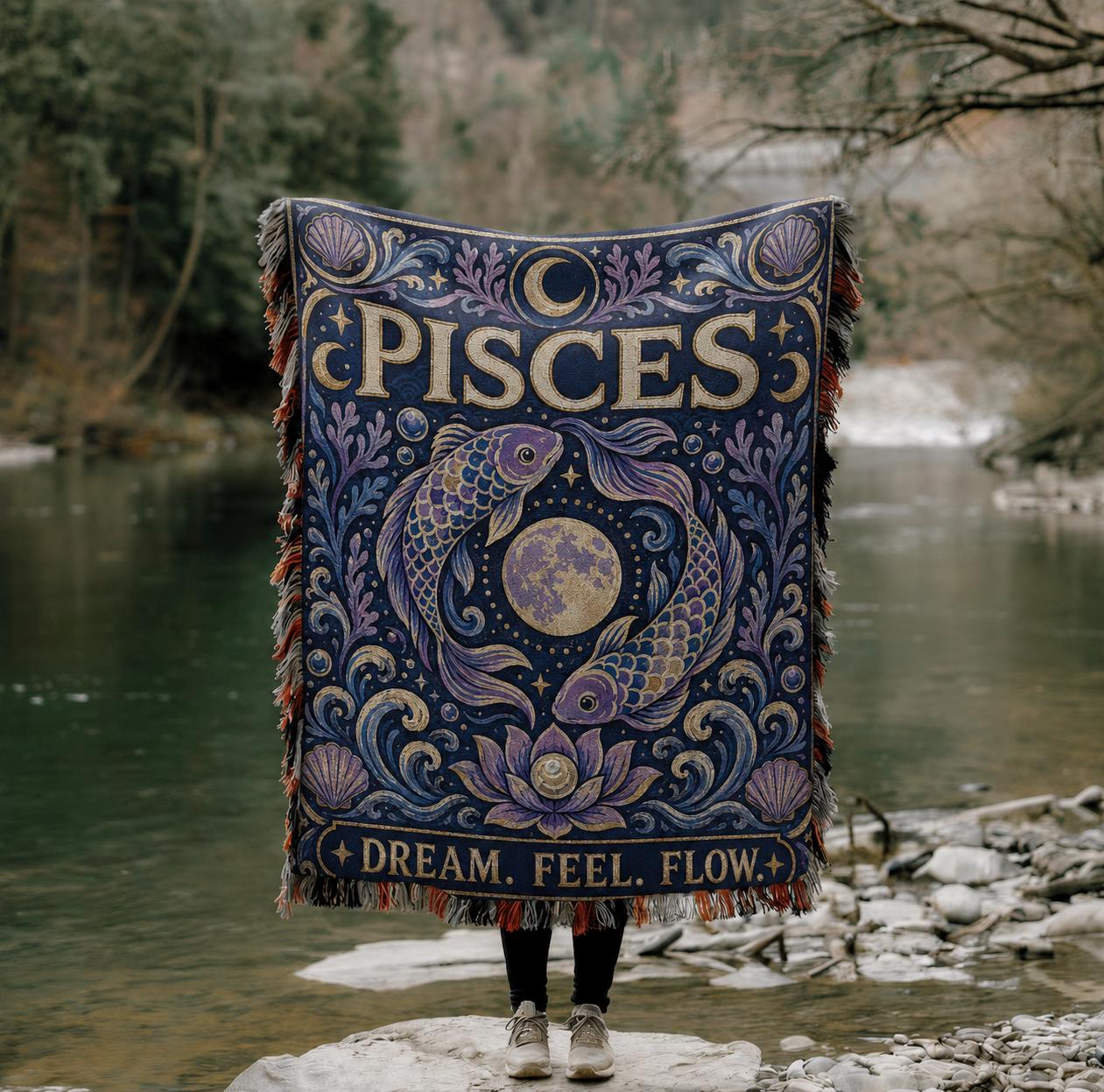 Pisces Zodiac Art Woven Blanket | Dream, Create, Flow tapestry throw